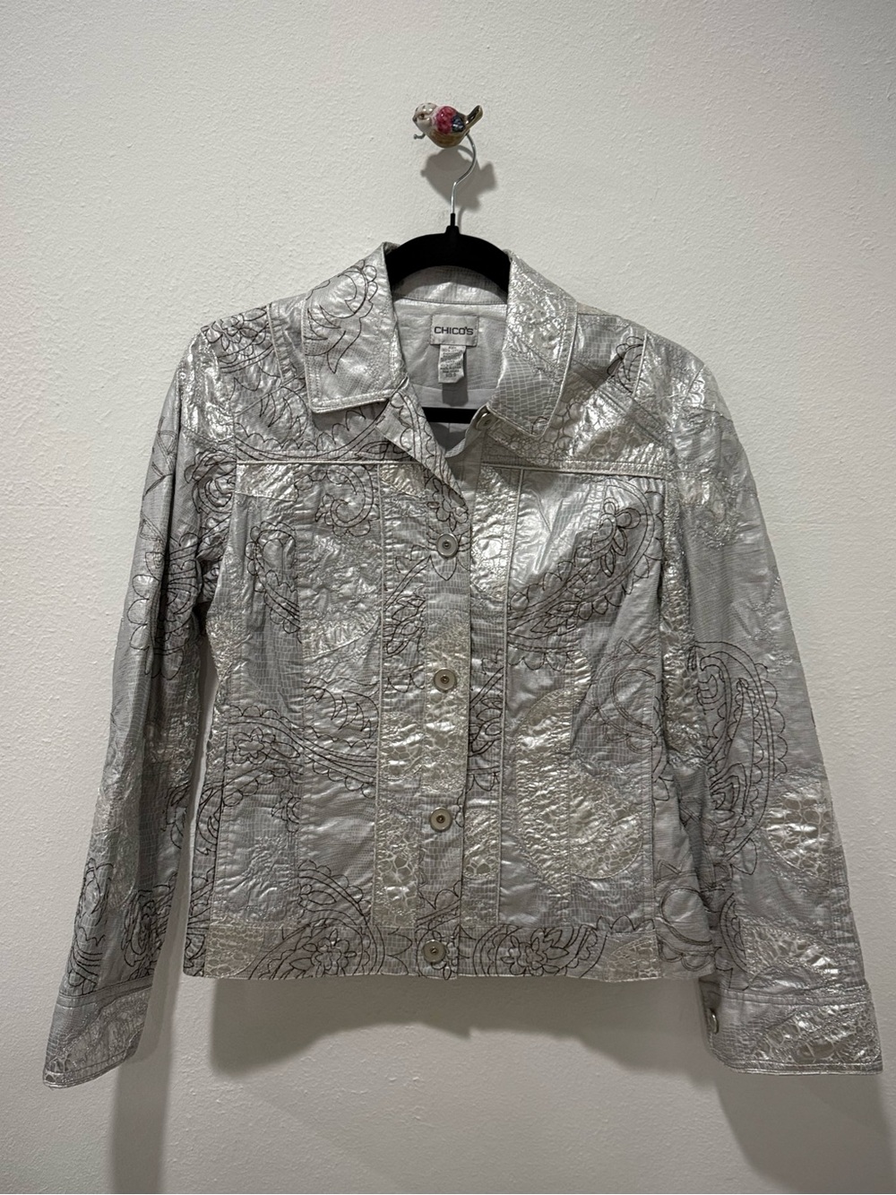 Chico's Metallic Silver Quilted Paisley-Print Jacket